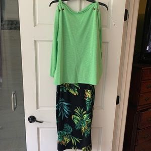 Sweater and skirt outfit from Conrad C and Kay Celine. Black, green and yellow.